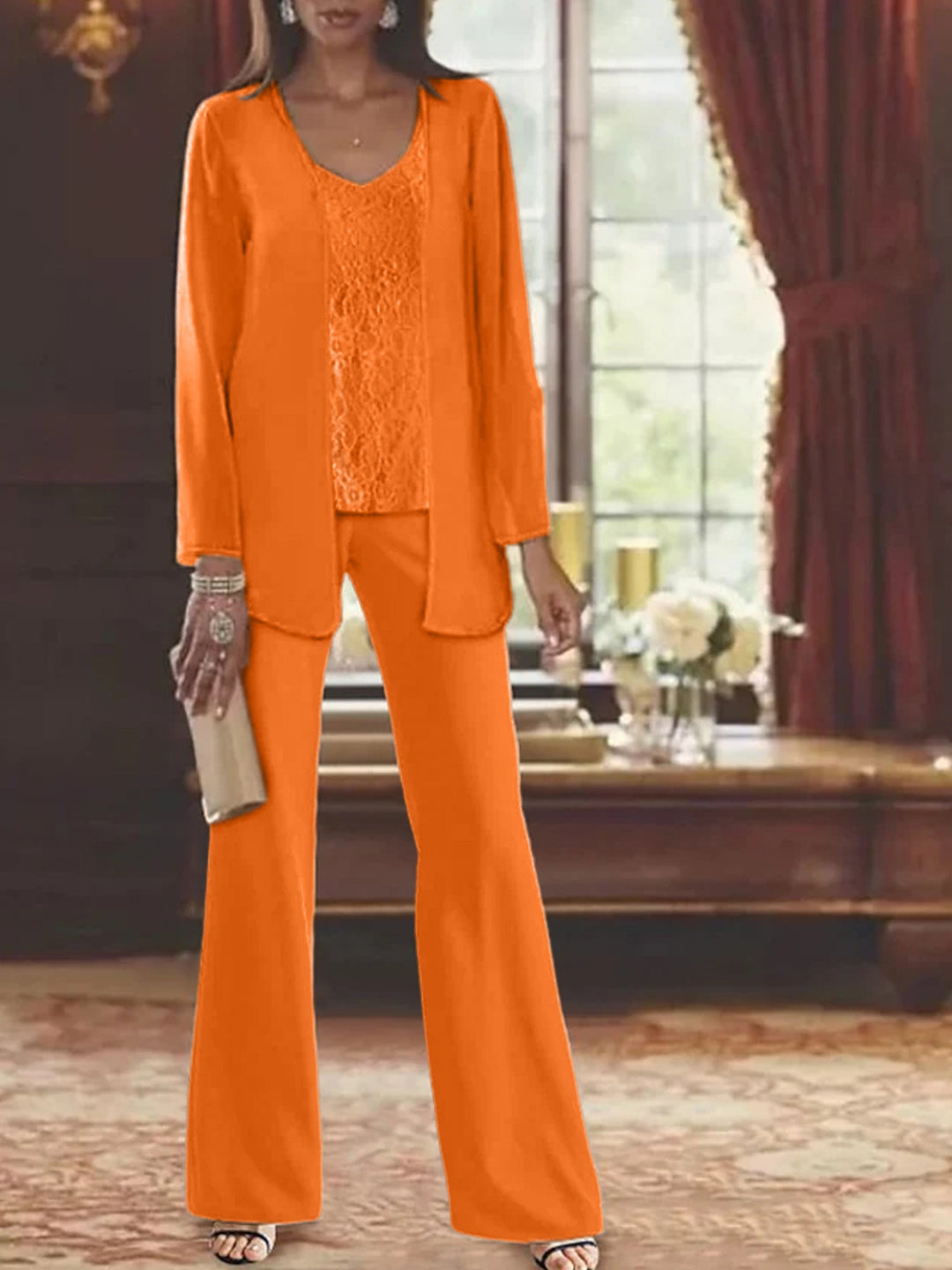 Tailleur-Pantalon en Mousseline de Soie avec Veste pour Mère de la Mariée