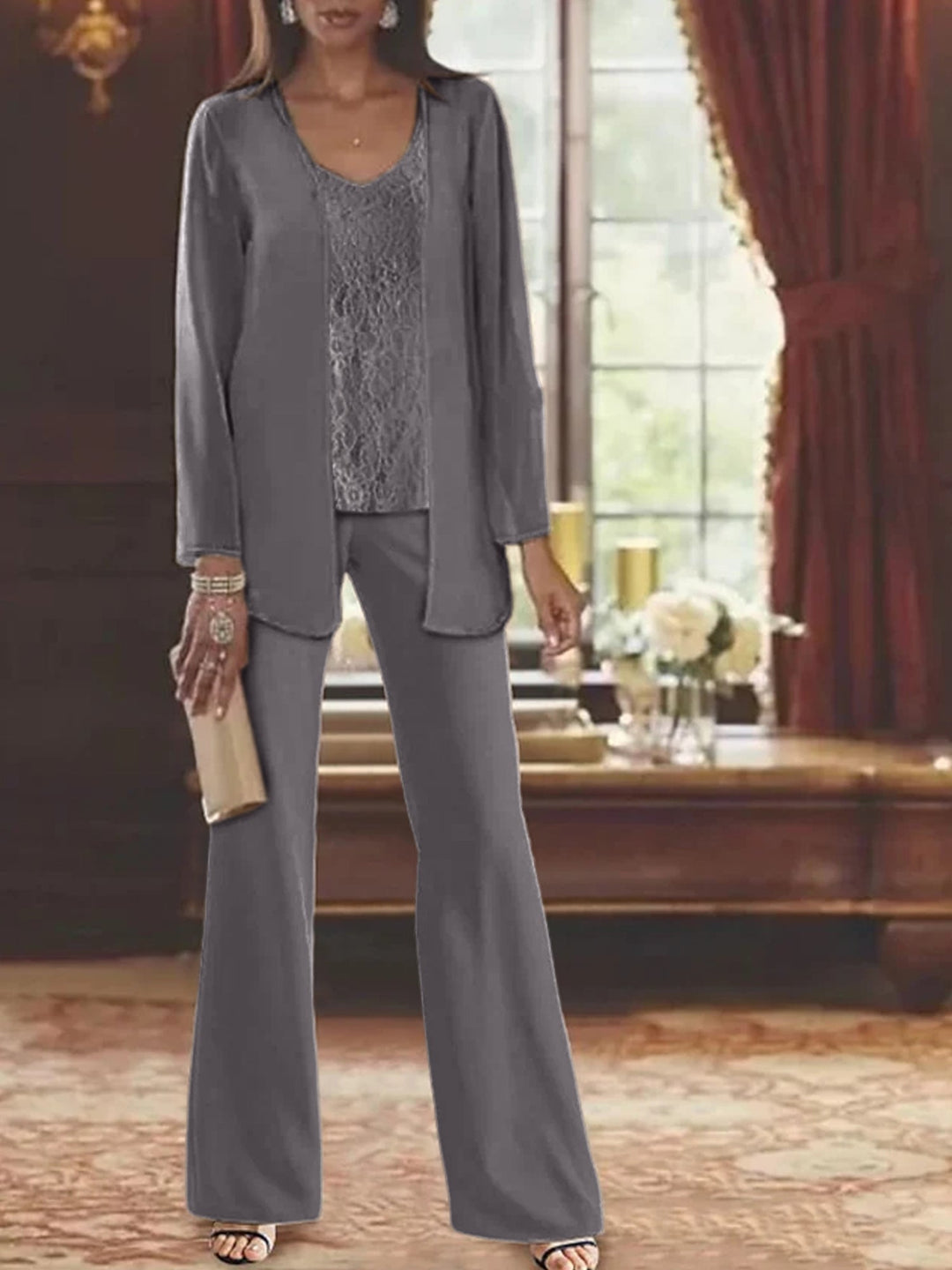Tailleur-Pantalon en Mousseline de Soie avec Veste pour Mère de la Mariée