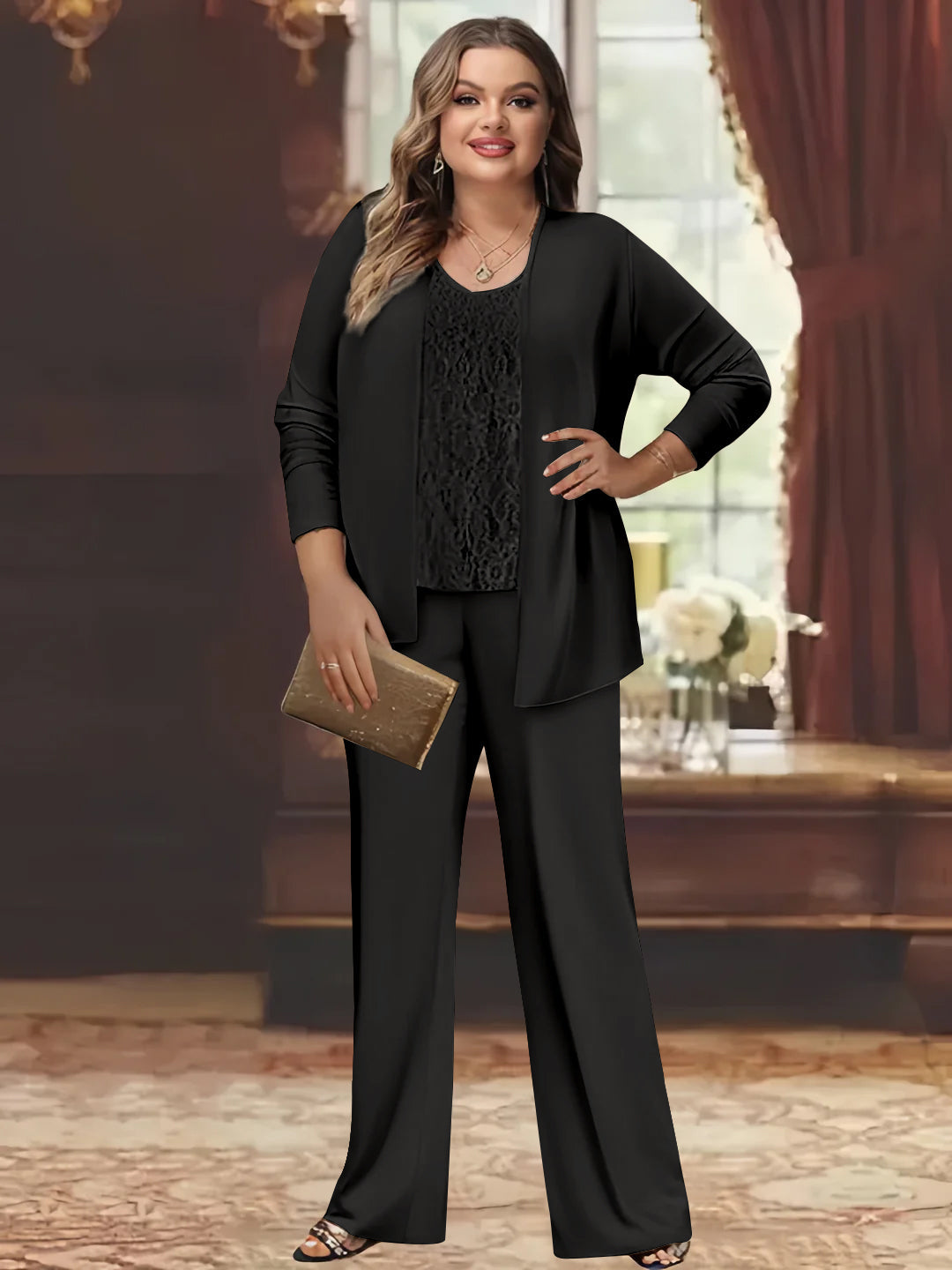 Tailleur-Pantalon en Mousseline de Soie Grande Taille pour Mère de la Mariée avec Veste