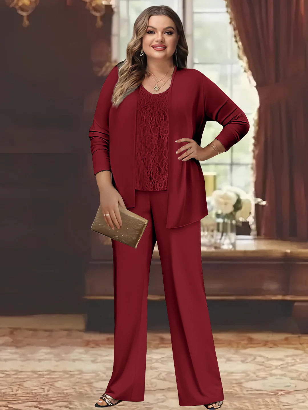 Tailleur-Pantalon en Mousseline de Soie Grande Taille pour Mère de la Mariée avec Veste