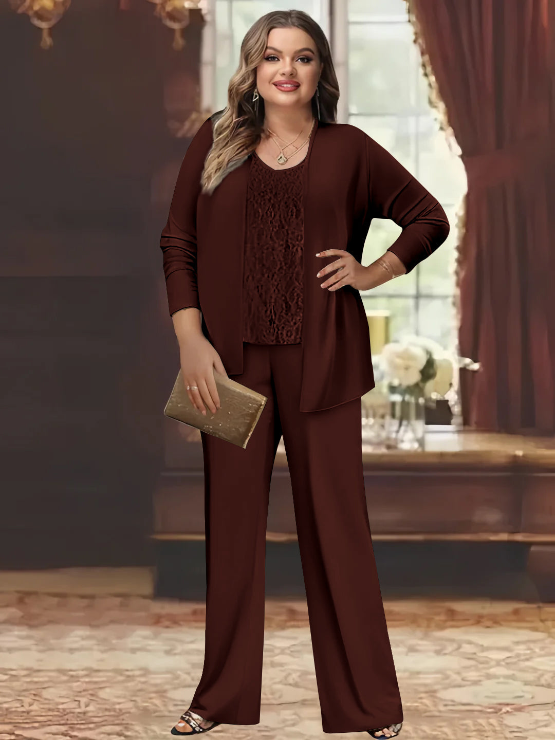 Tailleur-Pantalon en Mousseline de Soie Grande Taille pour Mère de la Mariée avec Veste