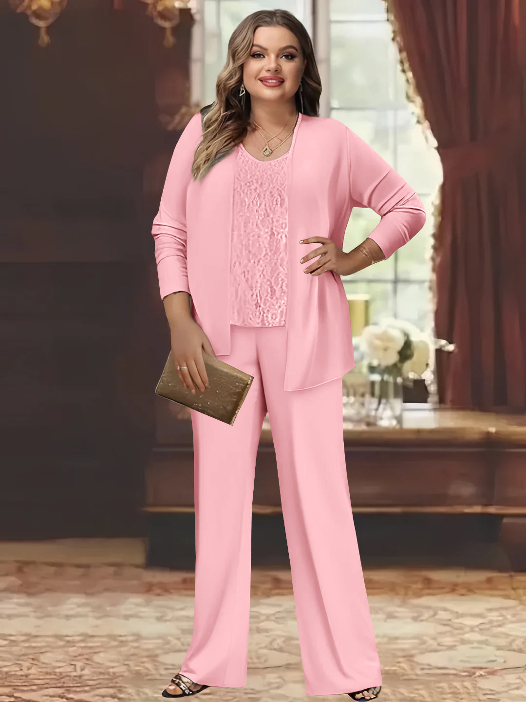 Tailleur-Pantalon en Mousseline de Soie Grande Taille pour Mère de la Mariée avec Veste