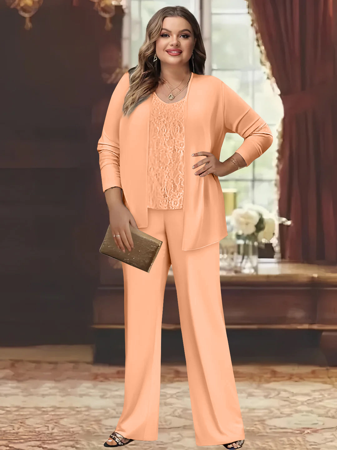 Tailleur-Pantalon en Mousseline de Soie Grande Taille pour Mère de la Mariée avec Veste