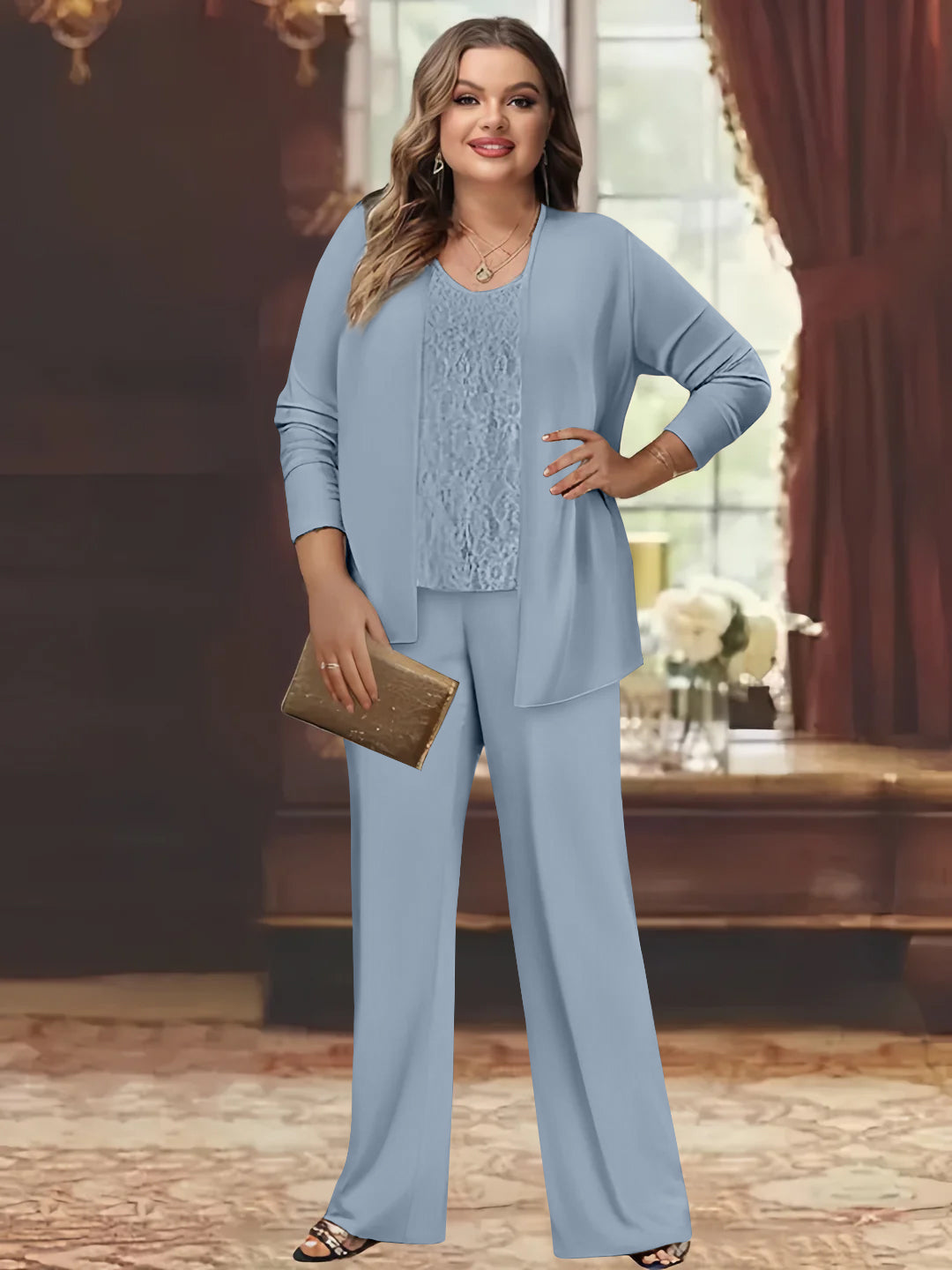 Tailleur-Pantalon en Mousseline de Soie Grande Taille pour Mère de la Mariée avec Veste