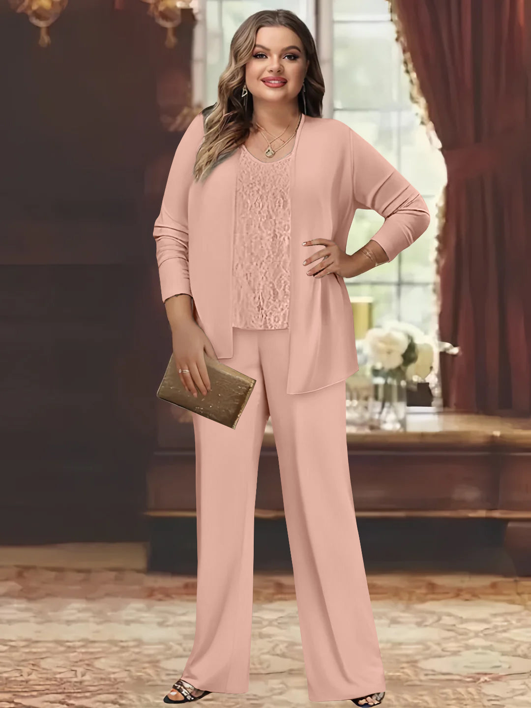Tailleur-Pantalon en Mousseline de Soie Grande Taille pour Mère de la Mariée avec Veste