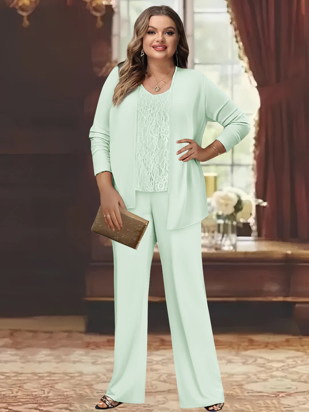 Tailleur-Pantalon en Mousseline de Soie Grande Taille pour Mère de la Mariée avec Veste
