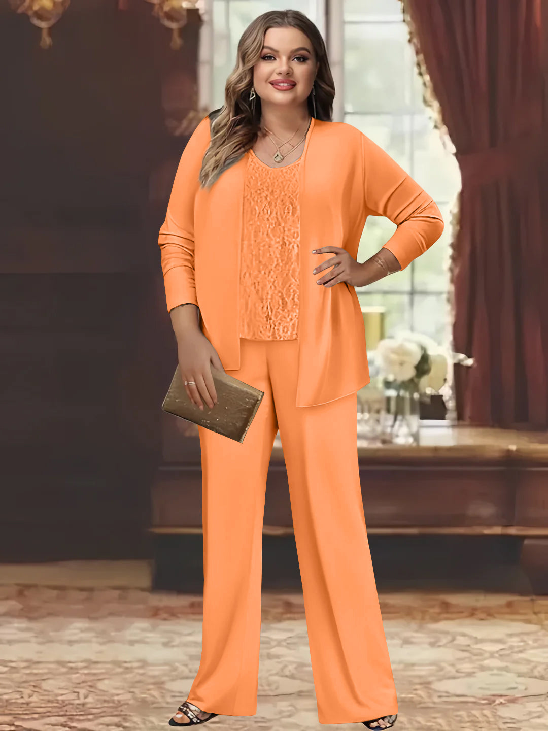 Tailleur-Pantalon en Mousseline de Soie Grande Taille pour Mère de la Mariée avec Veste