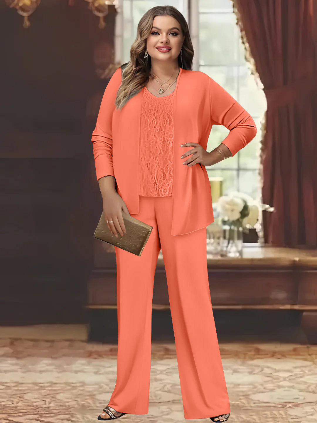 Tailleur-Pantalon en Mousseline de Soie Grande Taille pour Mère de la Mariée avec Veste