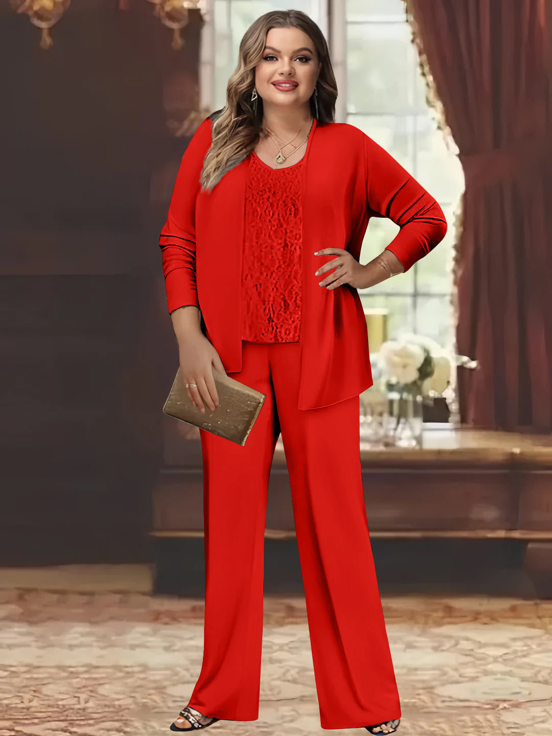 Tailleur-Pantalon en Mousseline de Soie Grande Taille pour Mère de la Mariée avec Veste