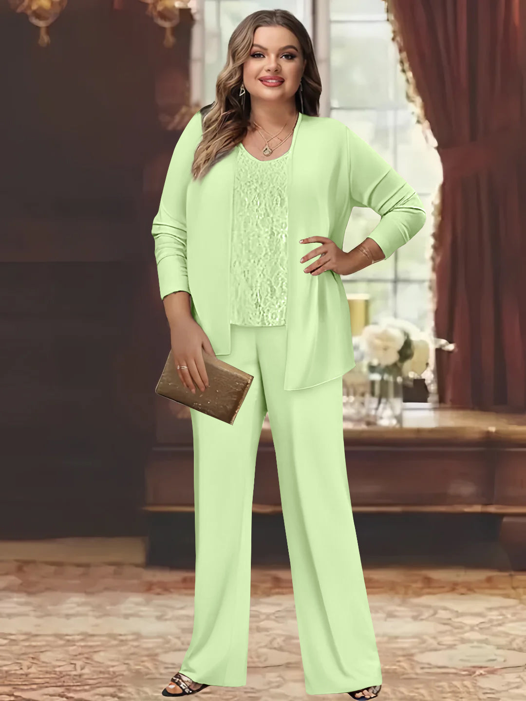 Tailleur-Pantalon en Mousseline de Soie Grande Taille pour Mère de la Mariée avec Veste