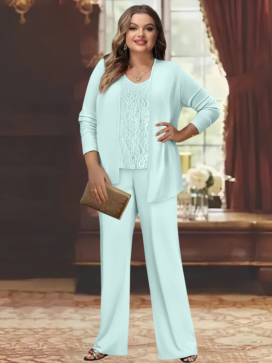 Tailleur-Pantalon en Mousseline de Soie Grande Taille pour Mère de la Mariée avec Veste