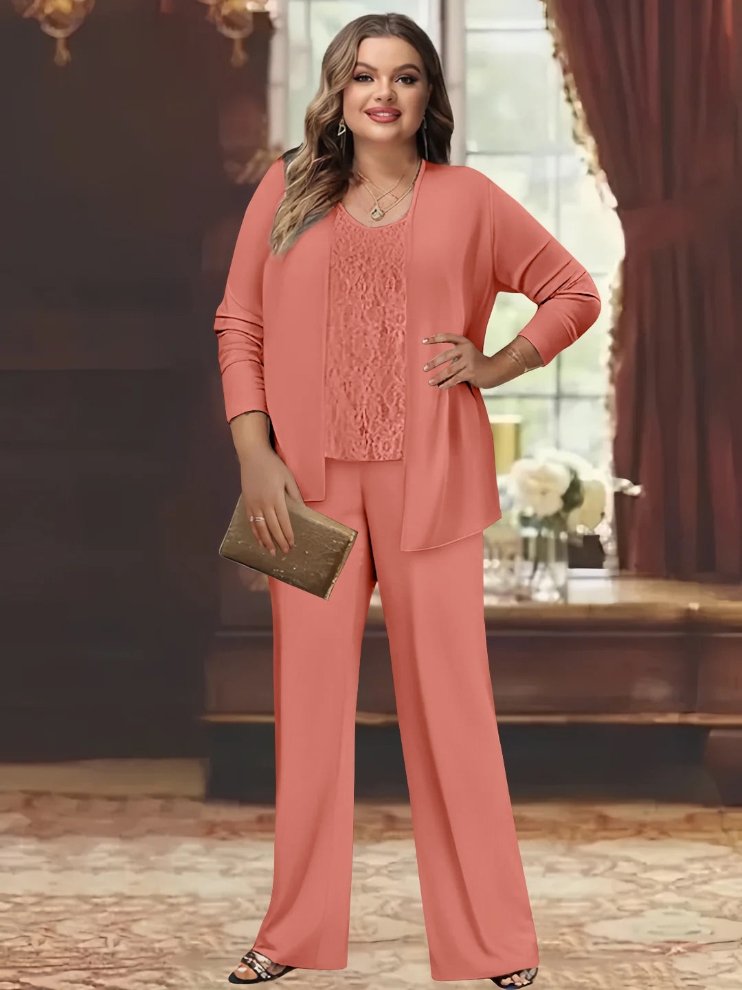 Tailleur-Pantalon en Mousseline de Soie Grande Taille pour Mère de la Mariée avec Veste