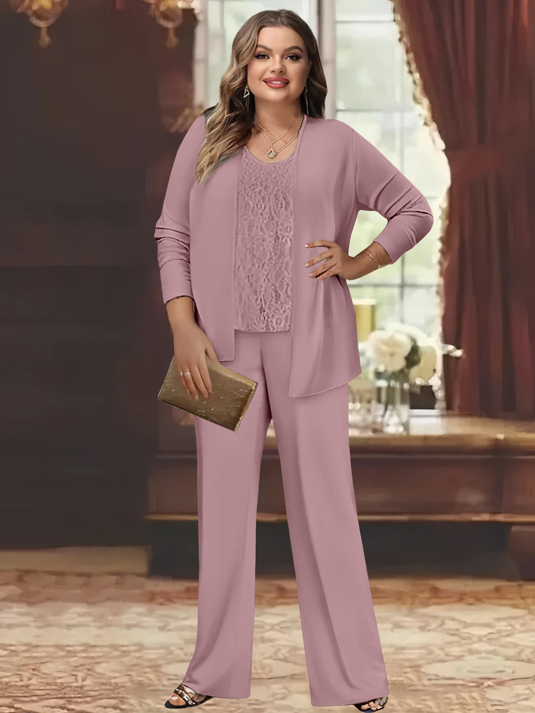 Tailleur-Pantalon en Mousseline de Soie Grande Taille pour Mère de la Mariée avec Veste