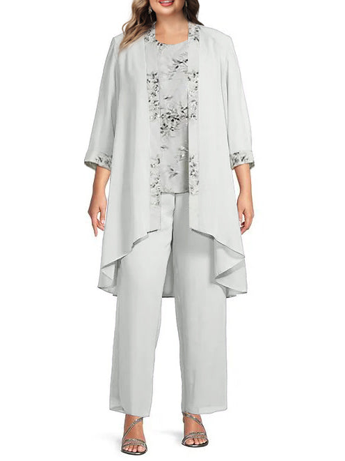 Tailleur-Pantalon en Mousseline à Col Rond et Longueur Au Sol pour Mère de la Mariée avec Veste