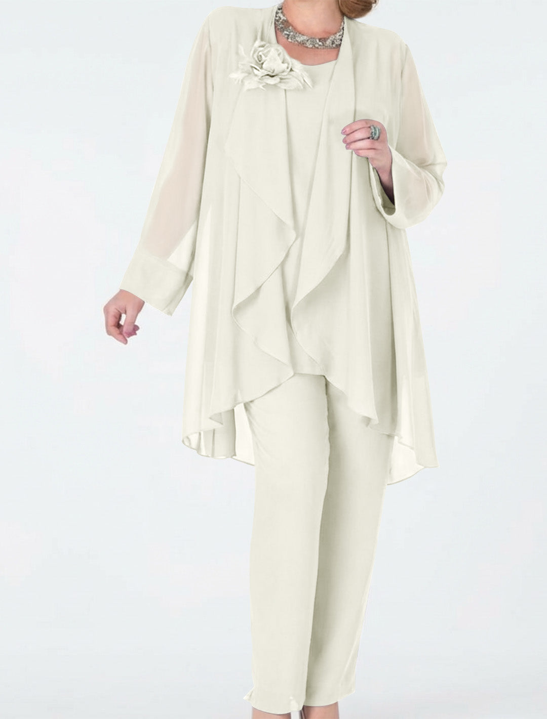 Tailleur-Pantalon en Mousseline de Soie avec Veste pour Mère de la Mariée
