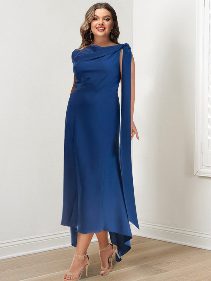 Robe de Mère de la Mariée Asymétrique Grande Taille à Col Montant et Longueur Genou avec Fronces