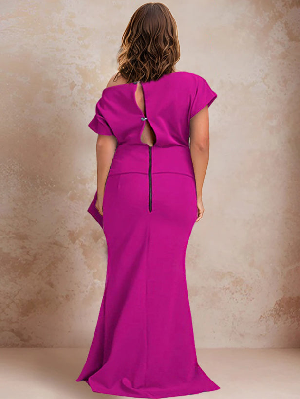 Robe de Mère de la Mariée Trompette/Sirène à Une Épaule et Manches Courtes, Longueur Au Sol, avec Volants et Côté Fendu