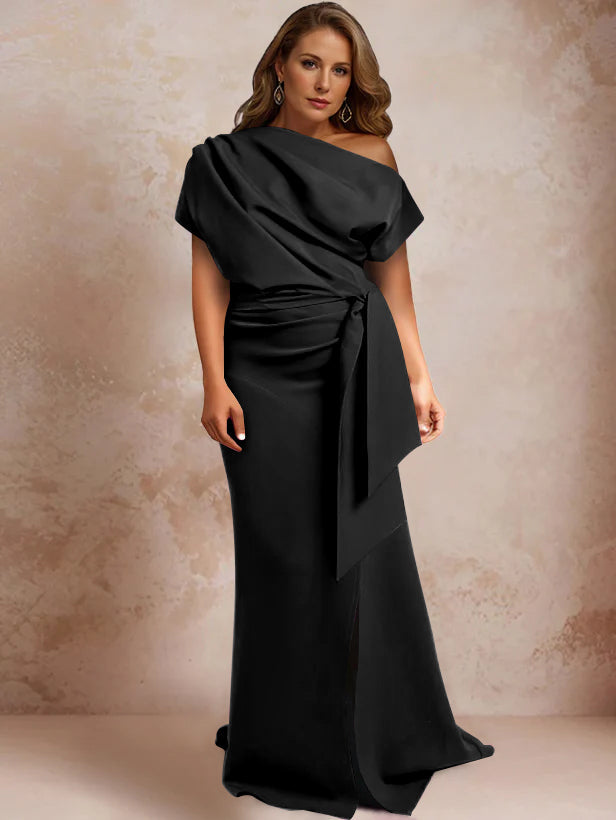 Robe de Mère de la Mariée Grande Taille, Asymétrique, à Une Épaule, Manches Courtes, Longueur Au Sol, avec Volants et Côté Fendu