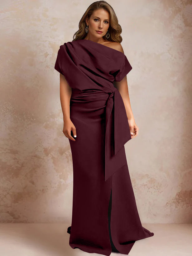 Robe de Mère de la Mariée Grande Taille, Asymétrique, à Une Épaule, Manches Courtes, Longueur Au Sol, avec Volants et Côté Fendu
