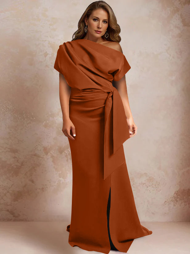 Robe de Mère de la Mariée Grande Taille, Asymétrique, à Une Épaule, Manches Courtes, Longueur Au Sol, avec Volants et Côté Fendu