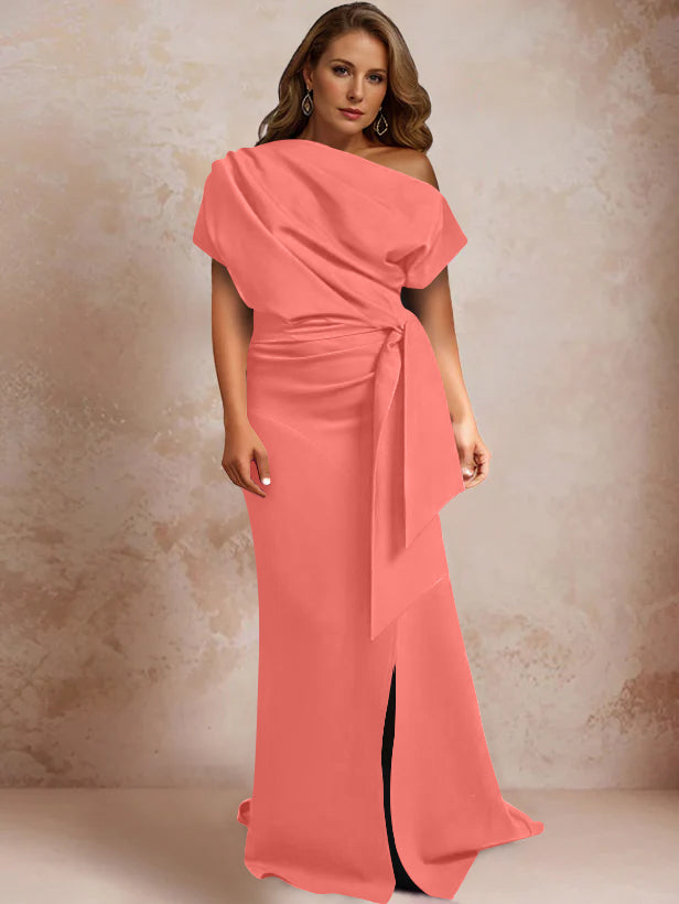 Robe de Mère de la Mariée Grande Taille, Asymétrique, à Une Épaule, Manches Courtes, Longueur Au Sol, avec Volants et Côté Fendu