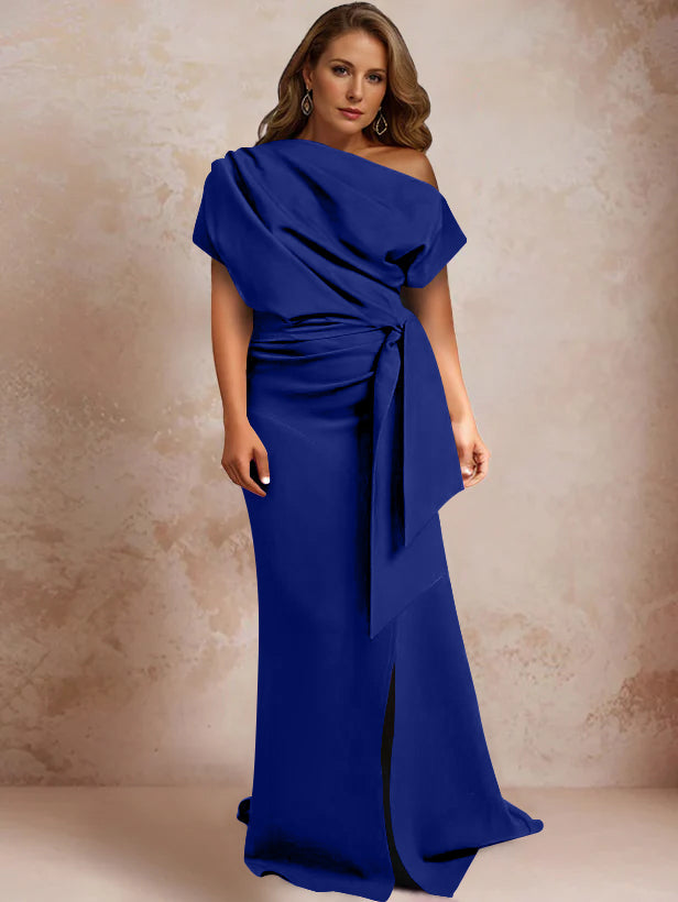 Robe de Mère de la Mariée Grande Taille, Asymétrique, à Une Épaule, Manches Courtes, Longueur Au Sol, avec Volants et Côté Fendu