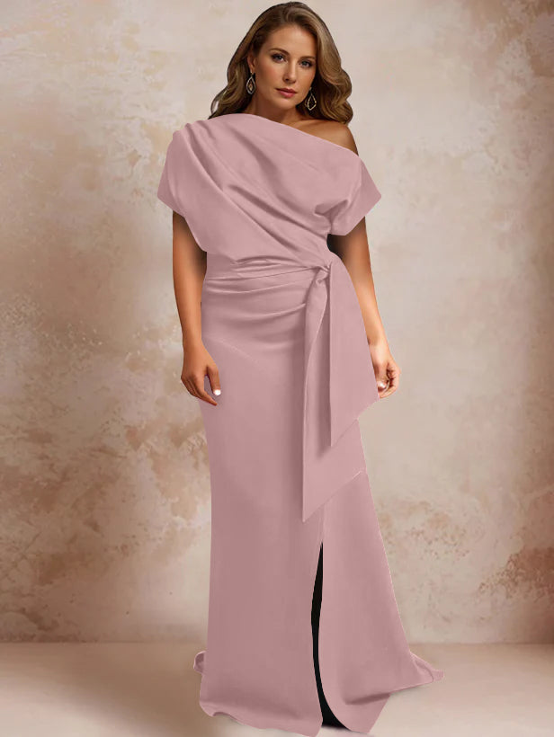 Robe de Mère de la Mariée Grande Taille, Asymétrique, à Une Épaule, Manches Courtes, Longueur Au Sol, avec Volants et Côté Fendu