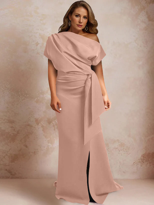 Robe de Mère de la Mariée Grande Taille, Asymétrique, à Une Épaule, Manches Courtes, Longueur Au Sol, avec Volants et Côté Fendu