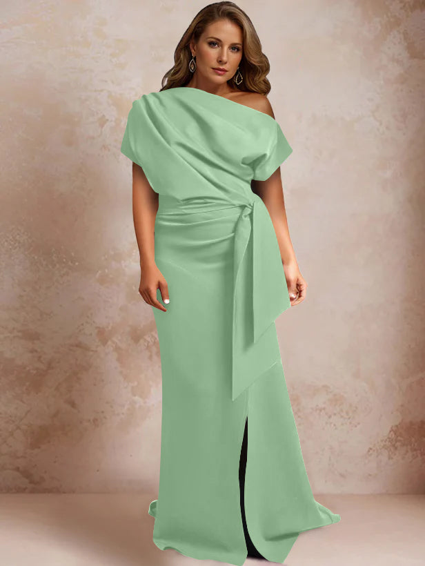 Robe de Mère de la Mariée Grande Taille, Asymétrique, à Une Épaule, Manches Courtes, Longueur Au Sol, avec Volants et Côté Fendu