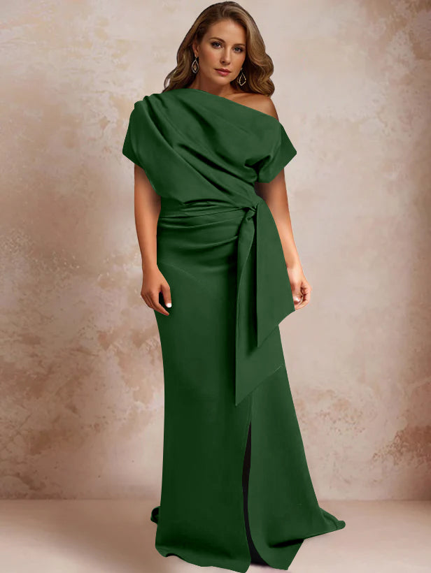 Robe de Mère de la Mariée Grande Taille, Asymétrique, à Une Épaule, Manches Courtes, Longueur Au Sol, avec Volants et Côté Fendu