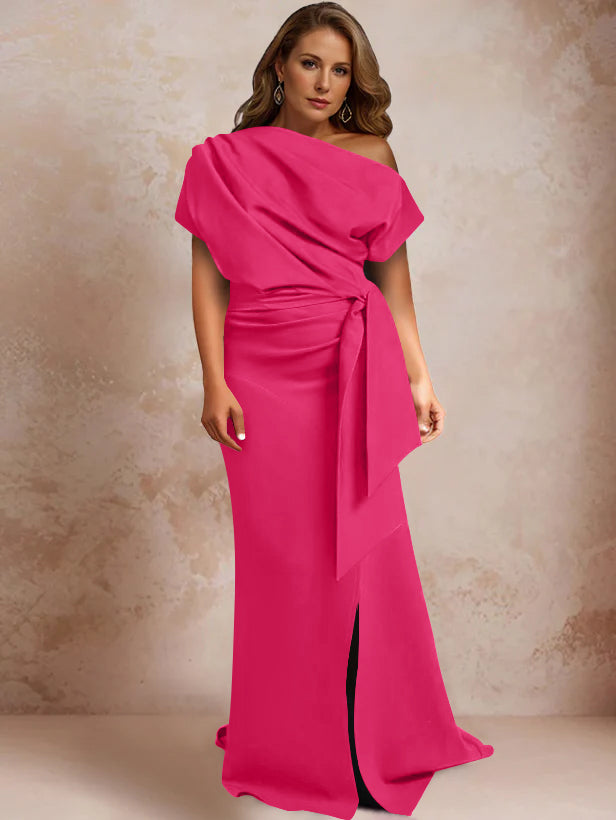 Robe de Mère de la Mariée Grande Taille, Asymétrique, à Une Épaule, Manches Courtes, Longueur Au Sol, avec Volants et Côté Fendu