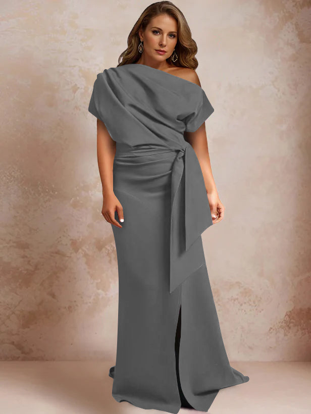 Robe de Mère de la Mariée Grande Taille, Asymétrique, à Une Épaule, Manches Courtes, Longueur Au Sol, avec Volants et Côté Fendu