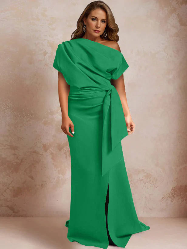 Robe de Mère de la Mariée Grande Taille, Asymétrique, à Une Épaule, Manches Courtes, Longueur Au Sol, avec Volants et Côté Fendu