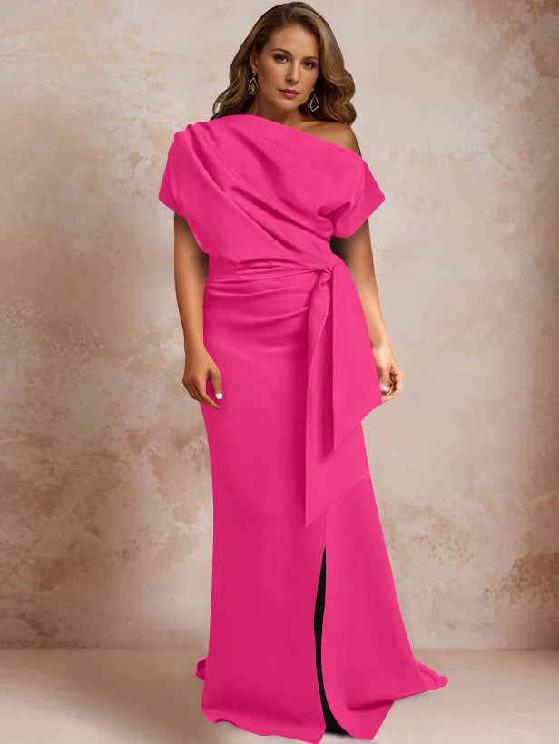 Robe de Mère de la Mariée Grande Taille, Asymétrique, à Une Épaule, Manches Courtes, Longueur Au Sol, avec Volants et Côté Fendu