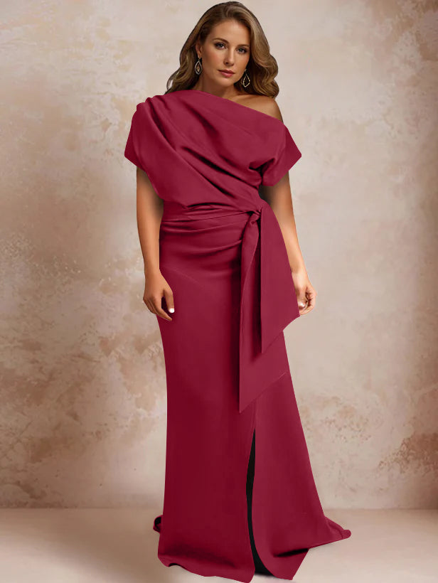 Robe de Mère de la Mariée Grande Taille, Asymétrique, à Une Épaule, Manches Courtes, Longueur Au Sol, avec Volants et Côté Fendu
