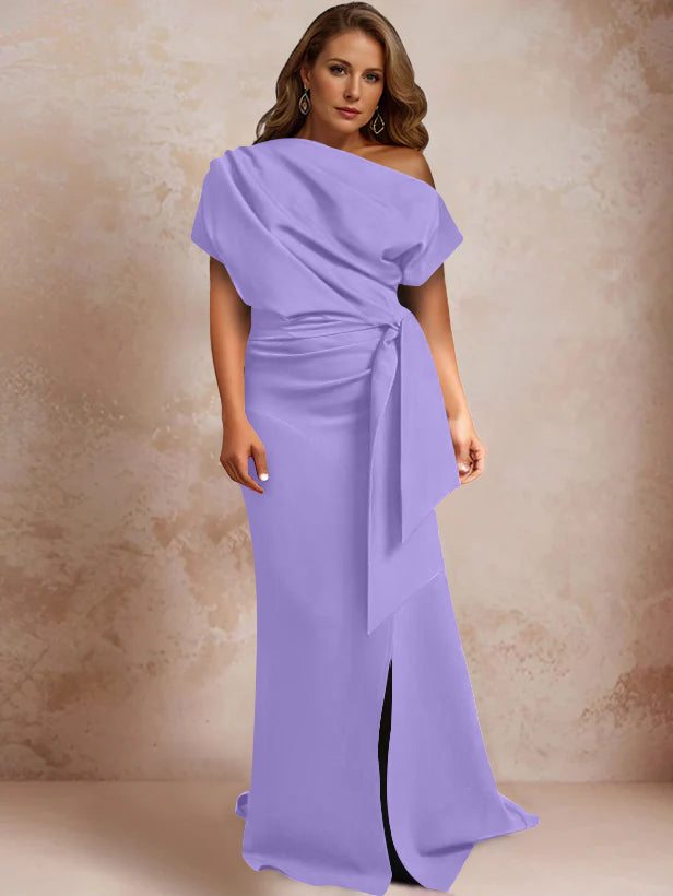 Robe de Mère de la Mariée Grande Taille, Asymétrique, à Une Épaule, Manches Courtes, Longueur Au Sol, avec Volants et Côté Fendu