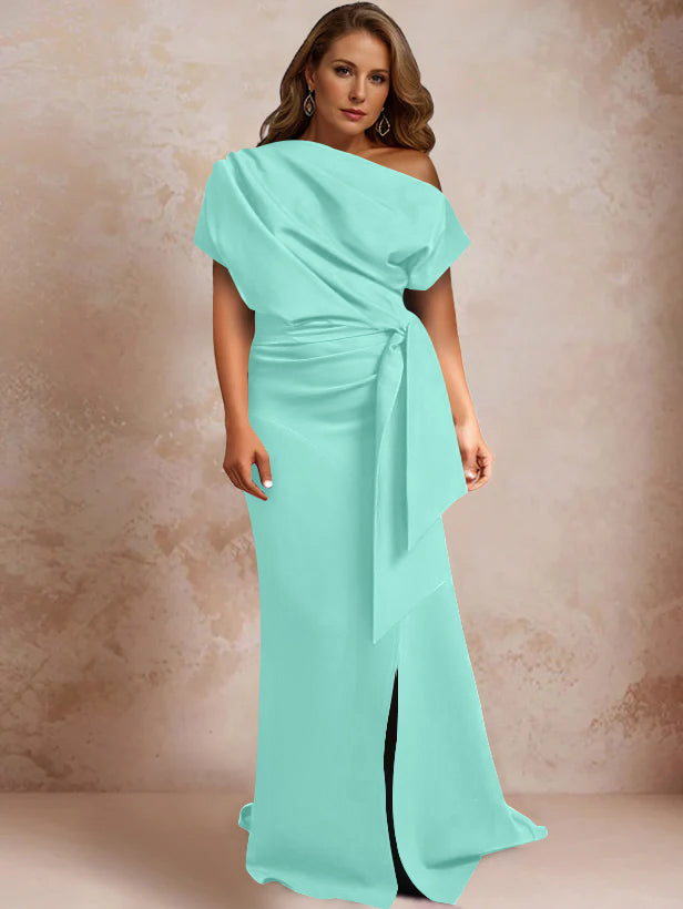 Robe de Mère de la Mariée Grande Taille, Asymétrique, à Une Épaule, Manches Courtes, Longueur Au Sol, avec Volants et Côté Fendu