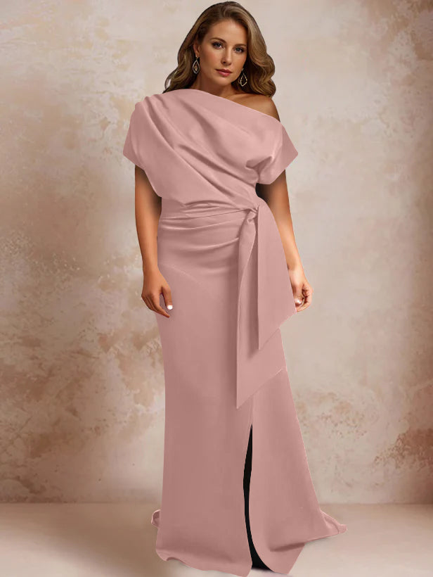 Robe de Mère de la Mariée Grande Taille, Asymétrique, à Une Épaule, Manches Courtes, Longueur Au Sol, avec Volants et Côté Fendu