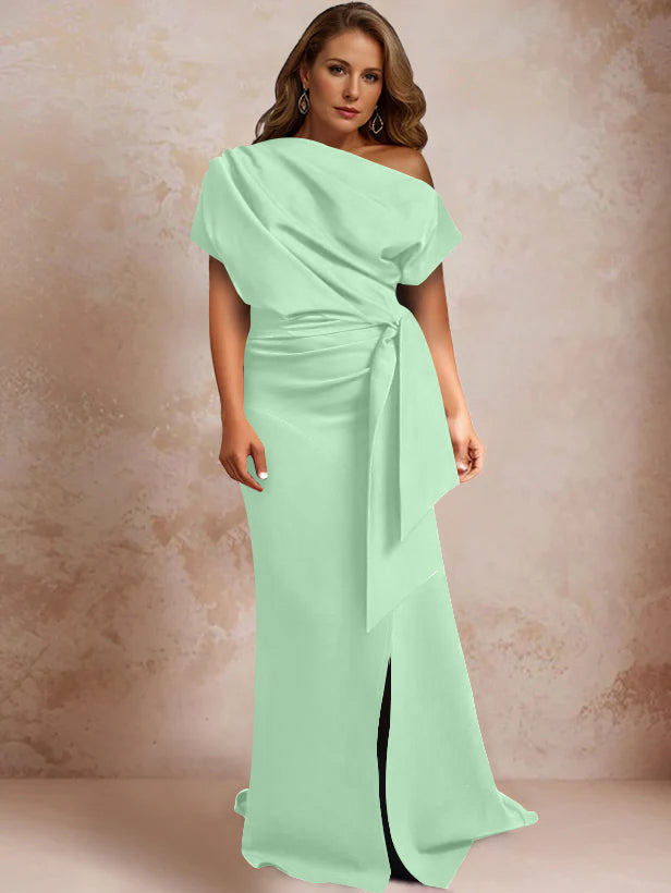 Robe de Mère de la Mariée Grande Taille, Asymétrique, à Une Épaule, Manches Courtes, Longueur Au Sol, avec Volants et Côté Fendu