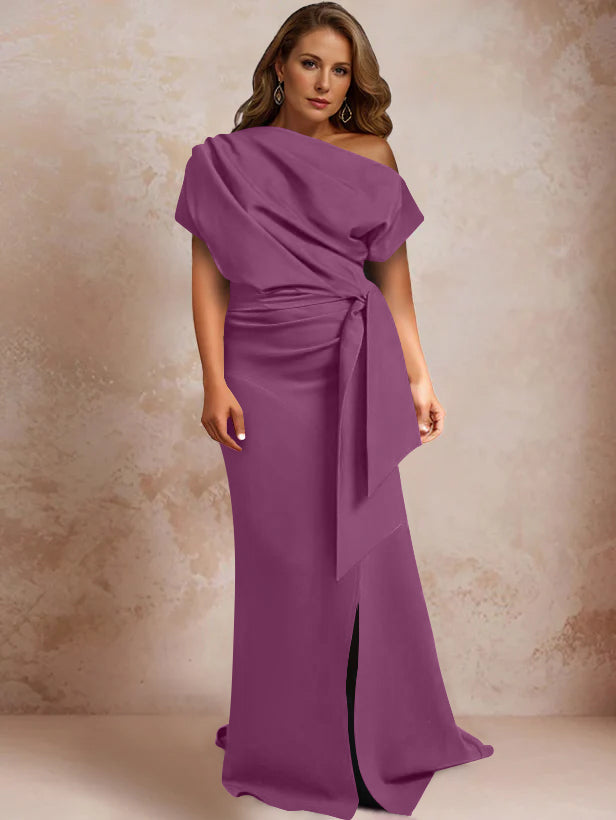 Robe de Mère de la Mariée Grande Taille, Asymétrique, à Une Épaule, Manches Courtes, Longueur Au Sol, avec Volants et Côté Fendu