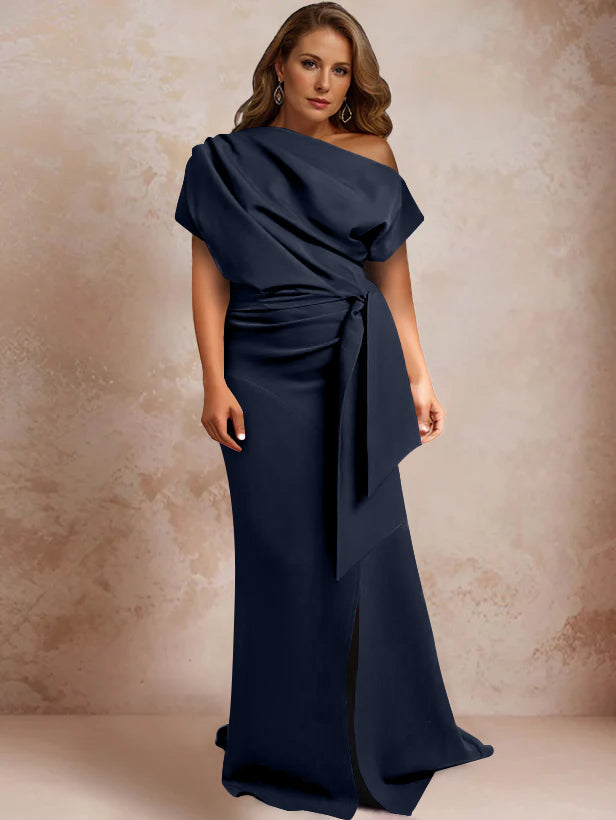 Robe de Mère de la Mariée Grande Taille, Asymétrique, à Une Épaule, Manches Courtes, Longueur Au Sol, avec Volants et Côté Fendu