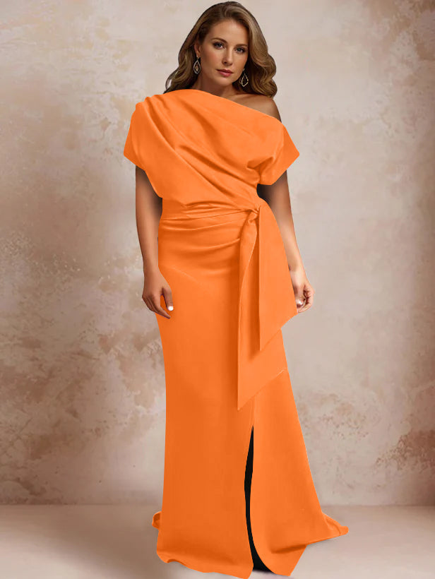 Robe de Mère de la Mariée Grande Taille, Asymétrique, à Une Épaule, Manches Courtes, Longueur Au Sol, avec Volants et Côté Fendu