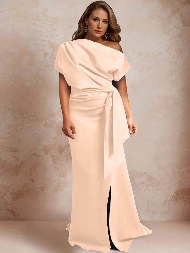 Robe de Mère de la Mariée Grande Taille, Asymétrique, à Une Épaule, Manches Courtes, Longueur Au Sol, avec Volants et Côté Fendu
