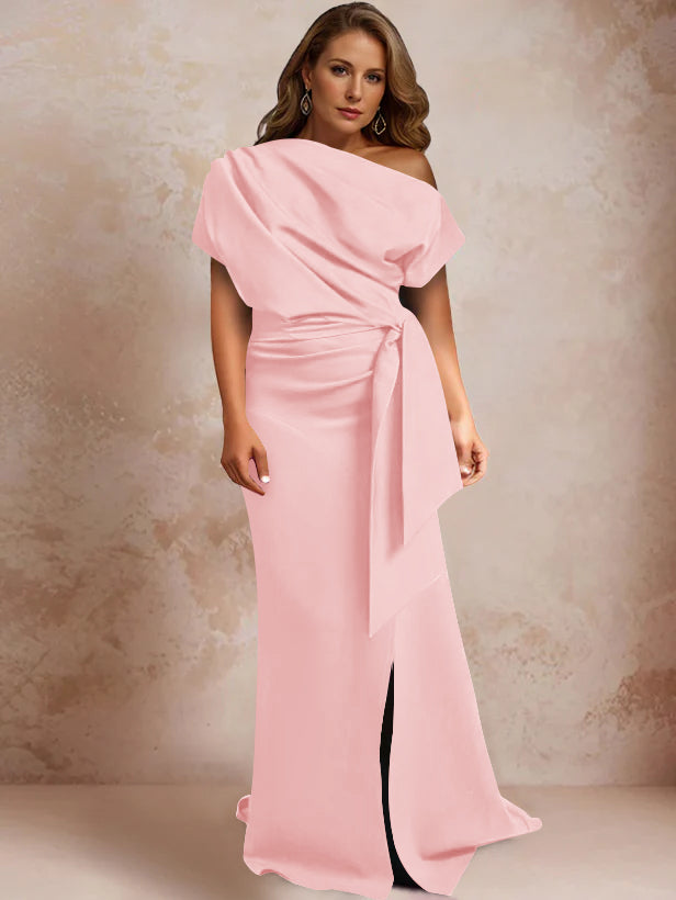 Robe de Mère de la Mariée Grande Taille, Asymétrique, à Une Épaule, Manches Courtes, Longueur Au Sol, avec Volants et Côté Fendu