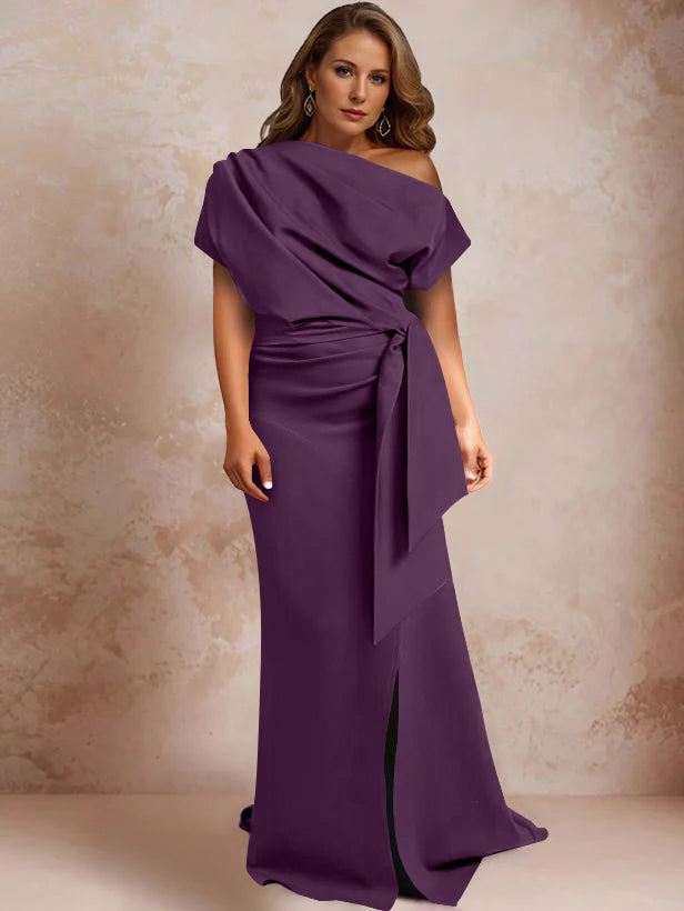 Robe de Mère de la Mariée Grande Taille, Asymétrique, à Une Épaule, Manches Courtes, Longueur Au Sol, avec Volants et Côté Fendu