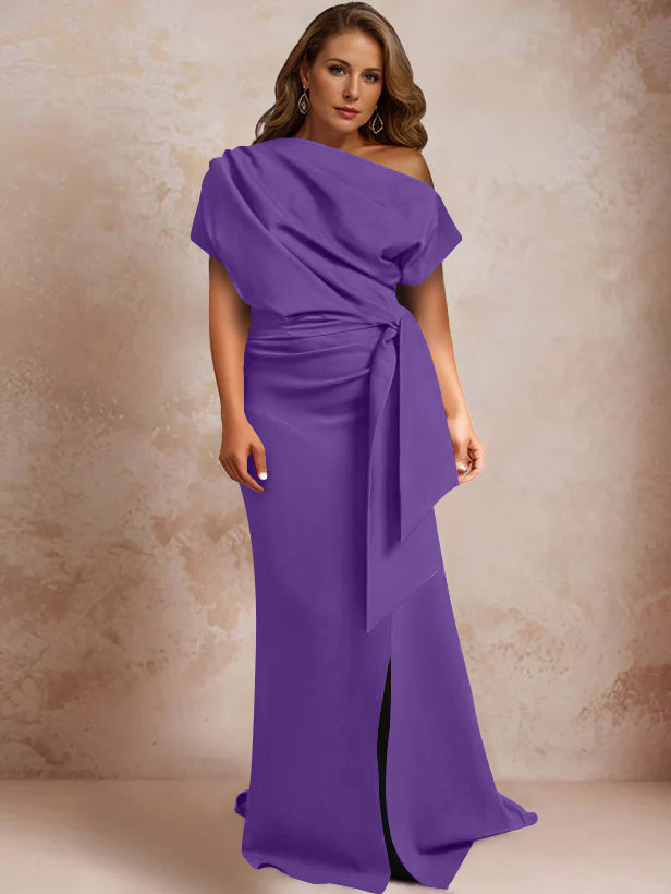 Robe de Mère de la Mariée Grande Taille, Asymétrique, à Une Épaule, Manches Courtes, Longueur Au Sol, avec Volants et Côté Fendu