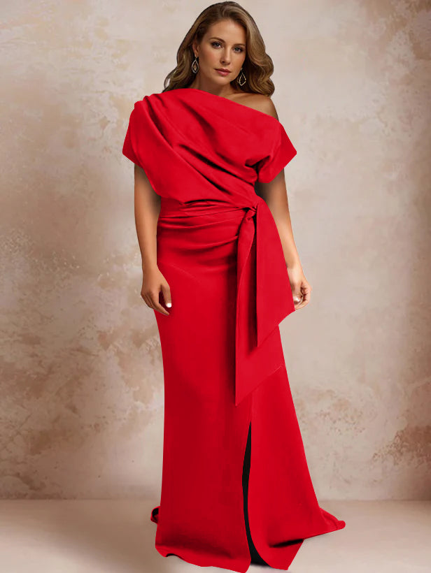 Robe de Mère de la Mariée Grande Taille, Asymétrique, à Une Épaule, Manches Courtes, Longueur Au Sol, avec Volants et Côté Fendu