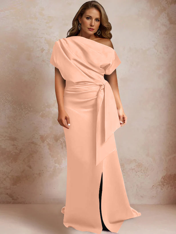 Robe de Mère de la Mariée Grande Taille, Asymétrique, à Une Épaule, Manches Courtes, Longueur Au Sol, avec Volants et Côté Fendu