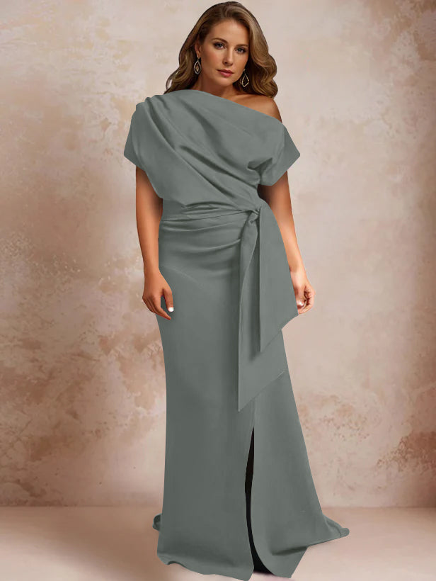 Robe de Mère de la Mariée Grande Taille, Asymétrique, à Une Épaule, Manches Courtes, Longueur Au Sol, avec Volants et Côté Fendu