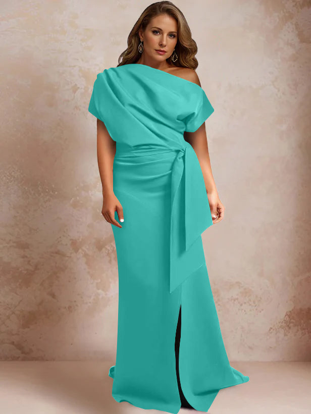 Robe de Mère de la Mariée Grande Taille, Asymétrique, à Une Épaule, Manches Courtes, Longueur Au Sol, avec Volants et Côté Fendu